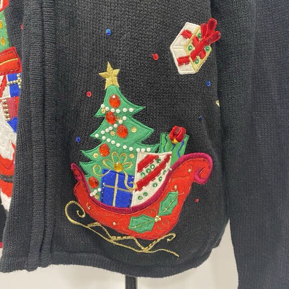 VTG Tiara Int'l M Black Ugly Christmas Sweater Zipper Cardigan Santa Embroidered - Picture 9 of 16